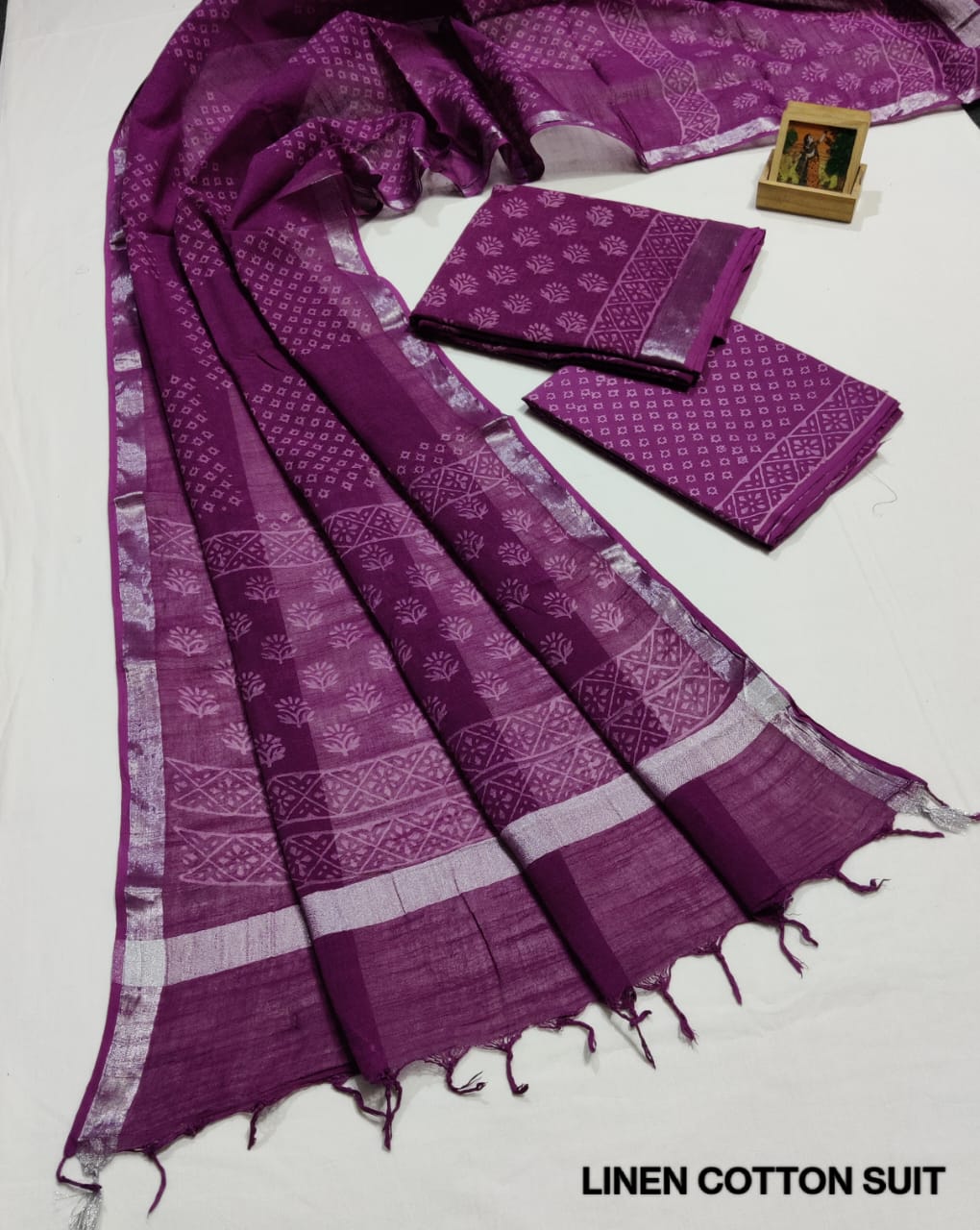 Hand Block Printed Linen Unstitched Suit .