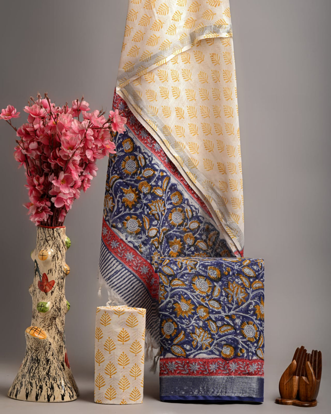 Hand Block Printed Linen Unstitched Suit .