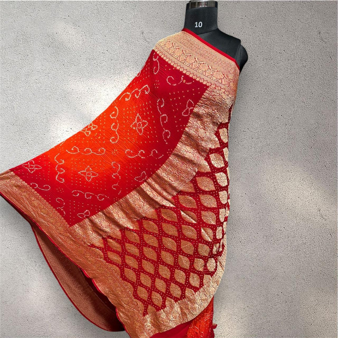 Pure Khaddi Georgette Handloom Neem Zari Work saree With Raiy Bandhej .