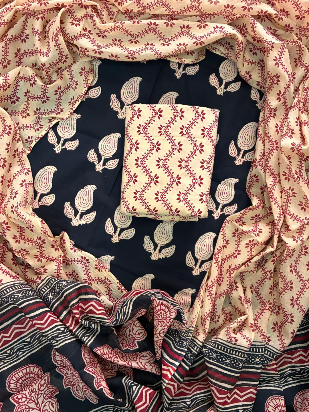 Pure Cotton Hand Block Print Unstitched Suit with Cotton Dupatta.