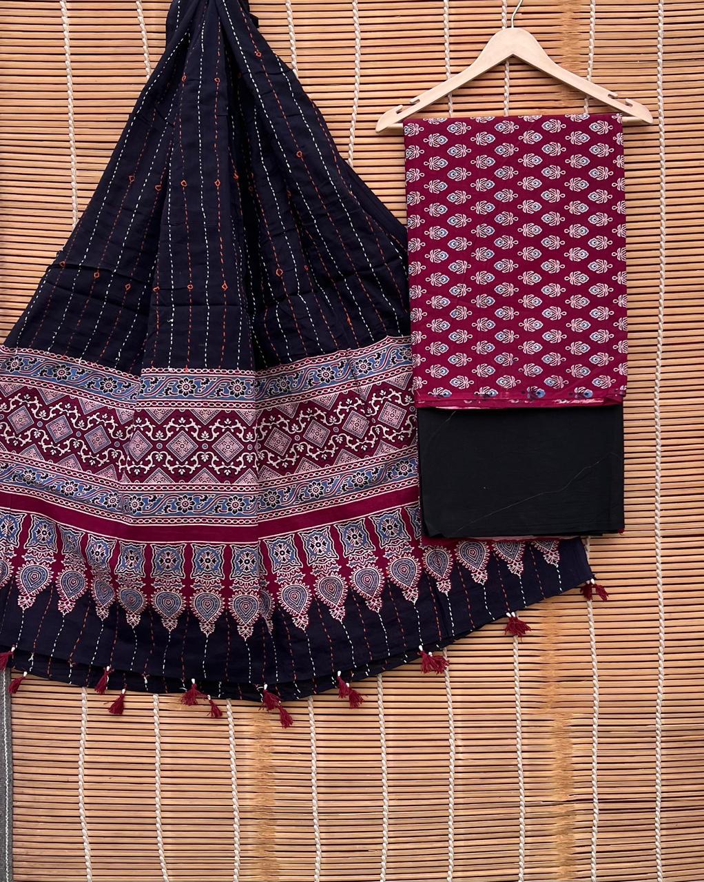 Pure Cotton Azrakh Print Unstitched suit Whit Kantha Work Dupatta.