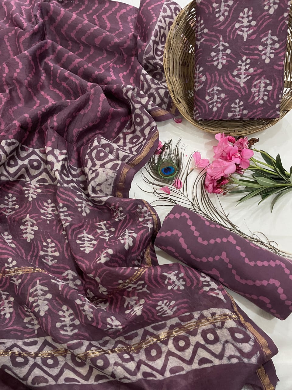 Pure Hand Block Chanderi Silk Unstitched Suit.