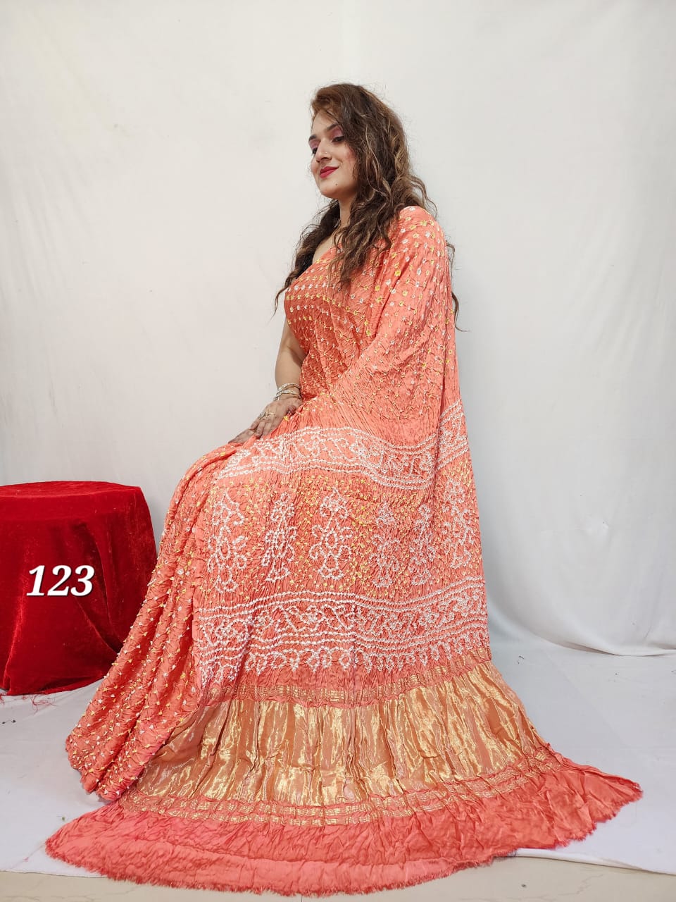 Pure Natural Dyeing Hand Block Bandhej Print Modal silk saree.