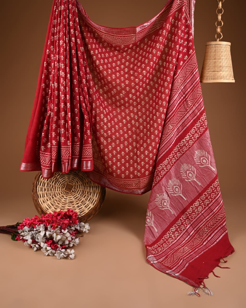 Hand Block Print Linen Saree with Blouse .