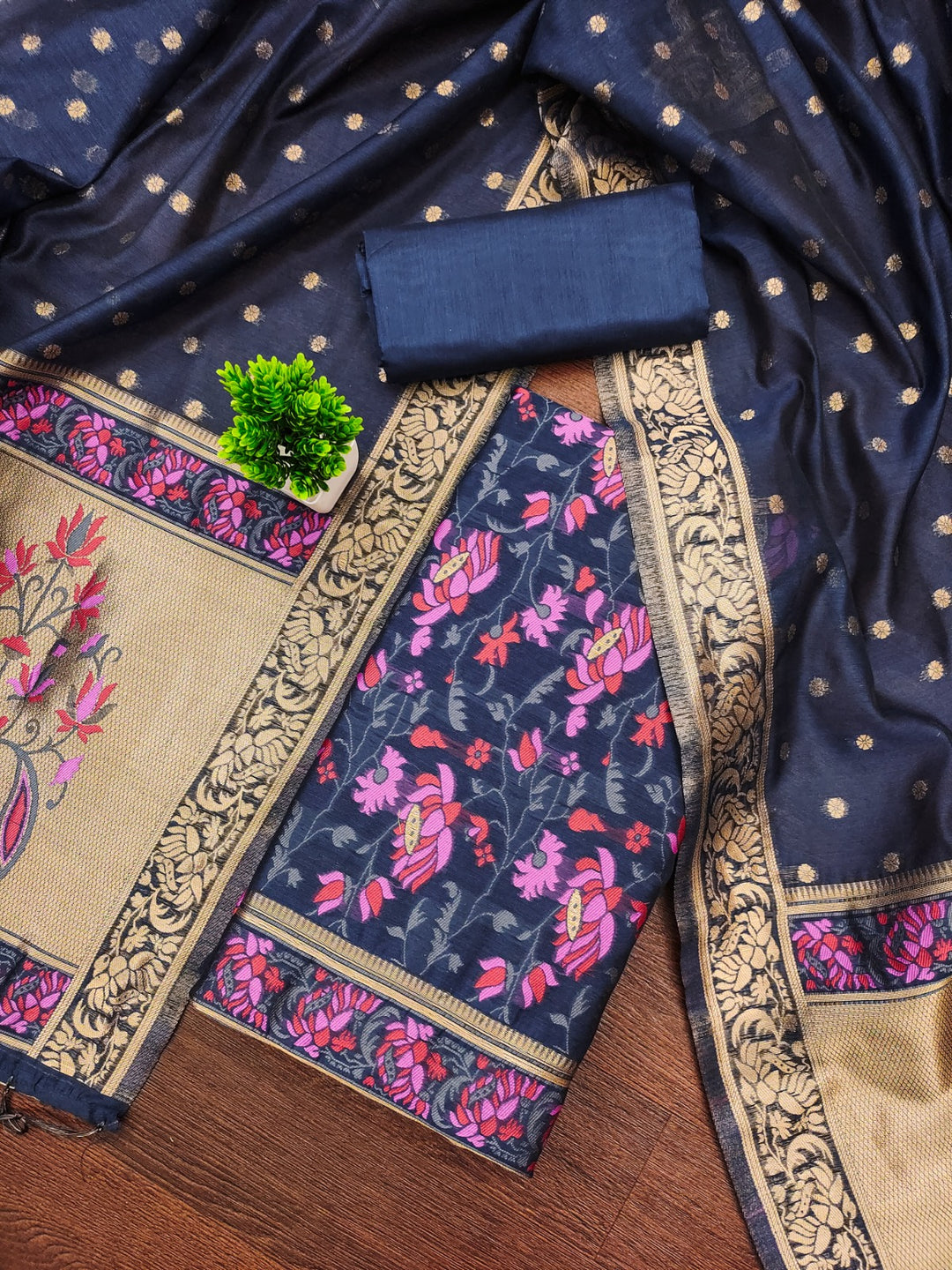Pure Banarasi Cotton Jamdani Weaved Zari And Meenakari Work Unstitched Suit .
