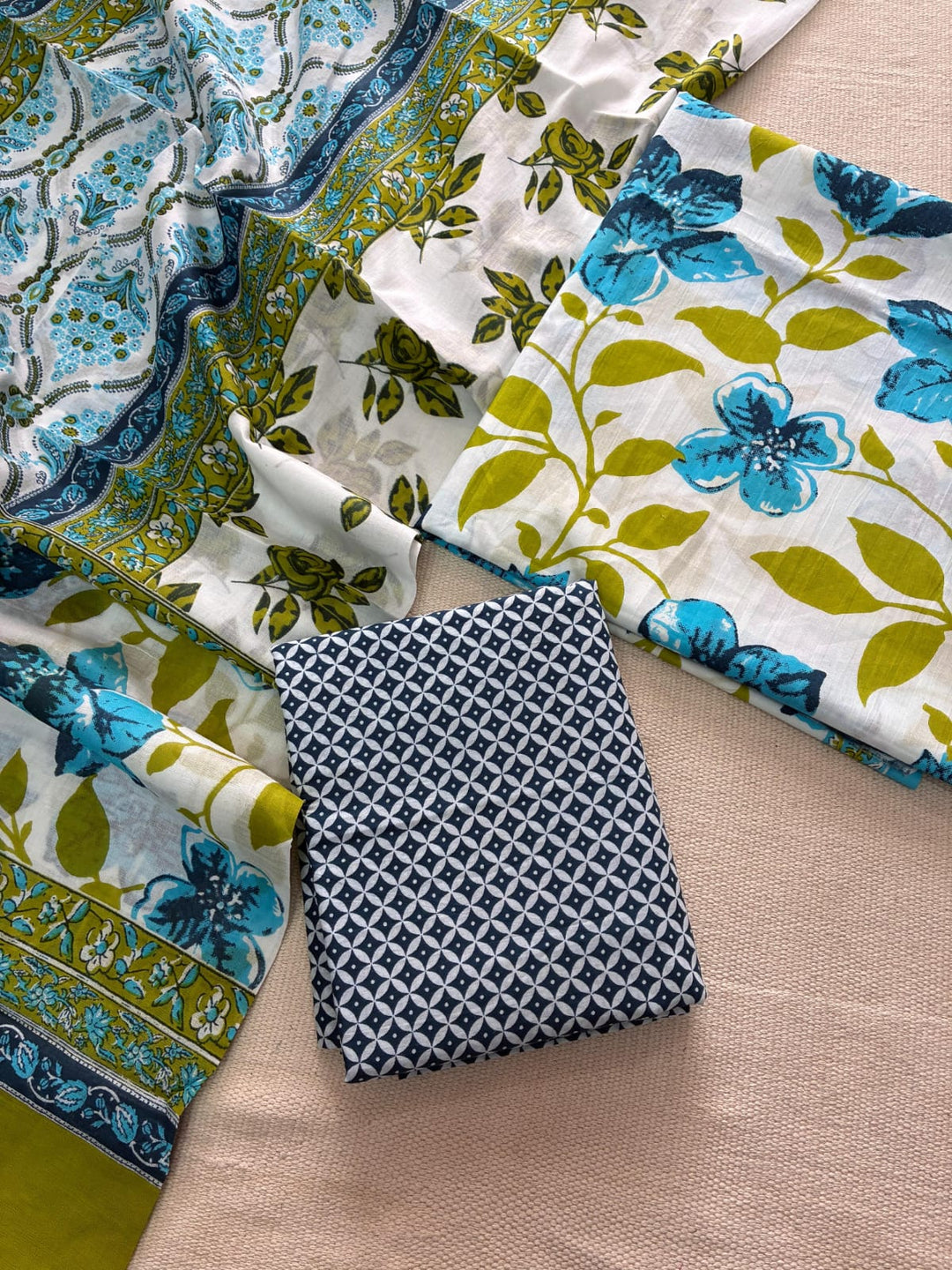 Pure Cotton Hand Block Print Unstitched Suit with Cotton Dupatta.