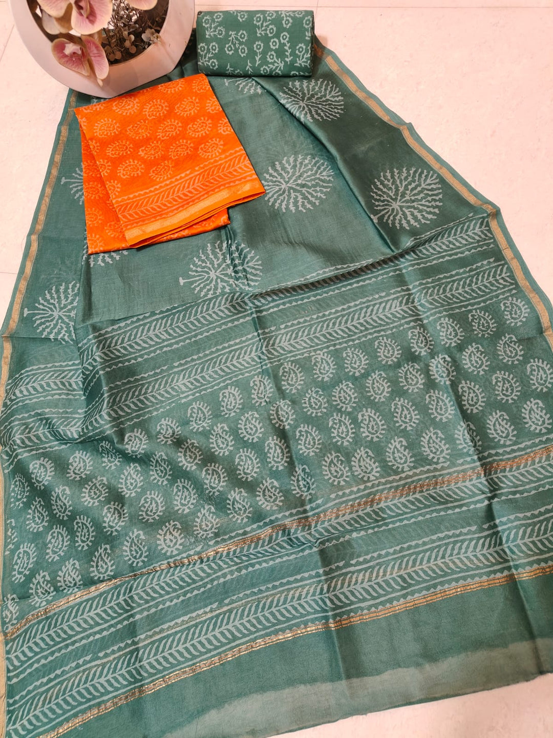 Pure Hand Block Chanderi Silk Unstitched Suit .