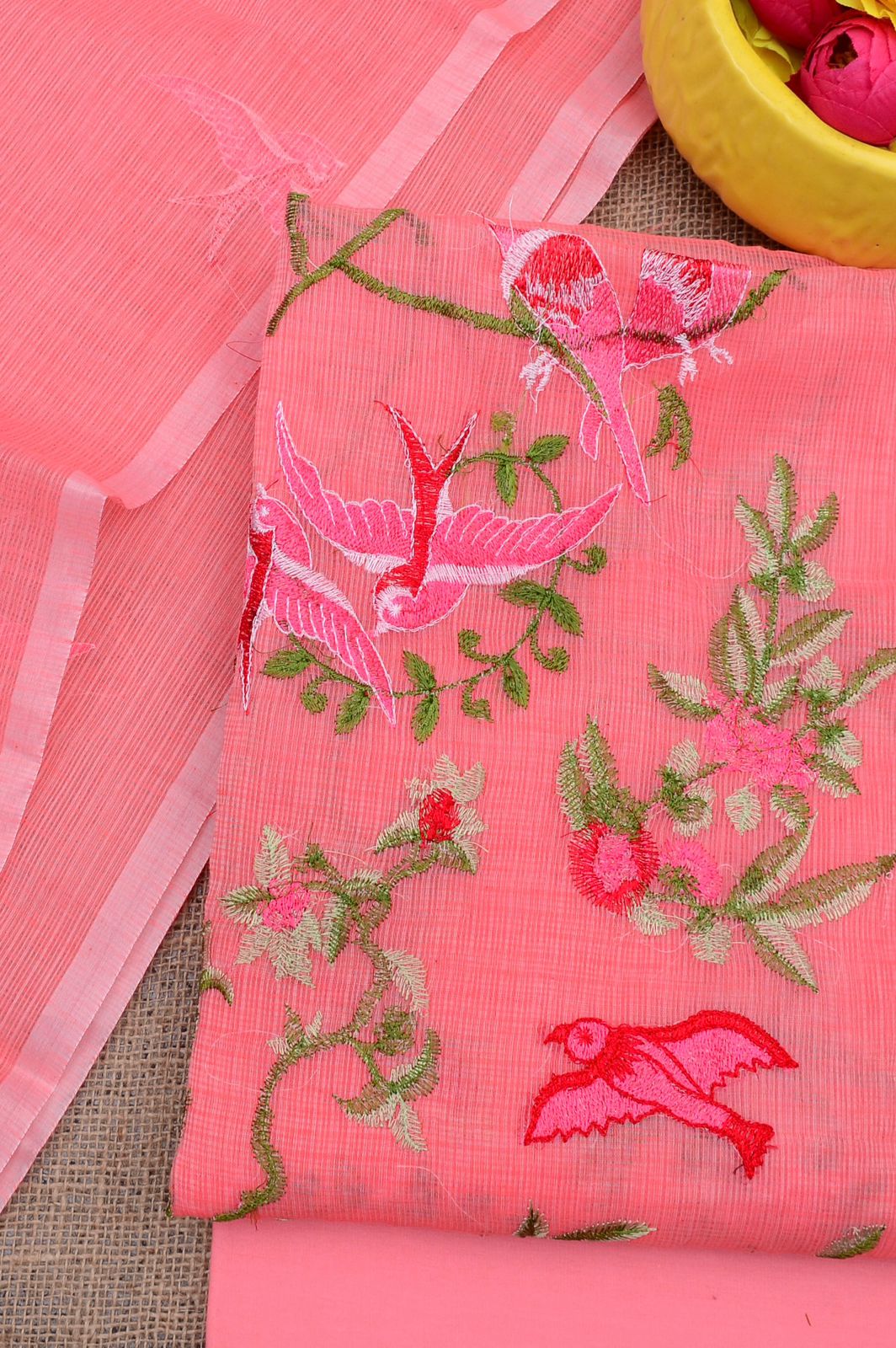 Pure Kota Doriya Embroidered Unstitched Suit With Dupatta .
