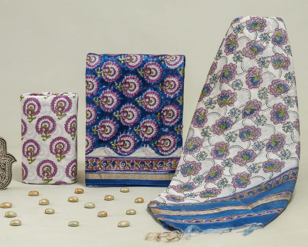 Pure Hand Block Chanderi Silk Unstitched Suit.