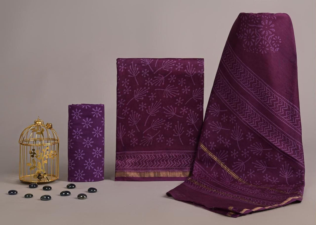 Pure Hand Block Chanderi Silk Unstitched Suit.