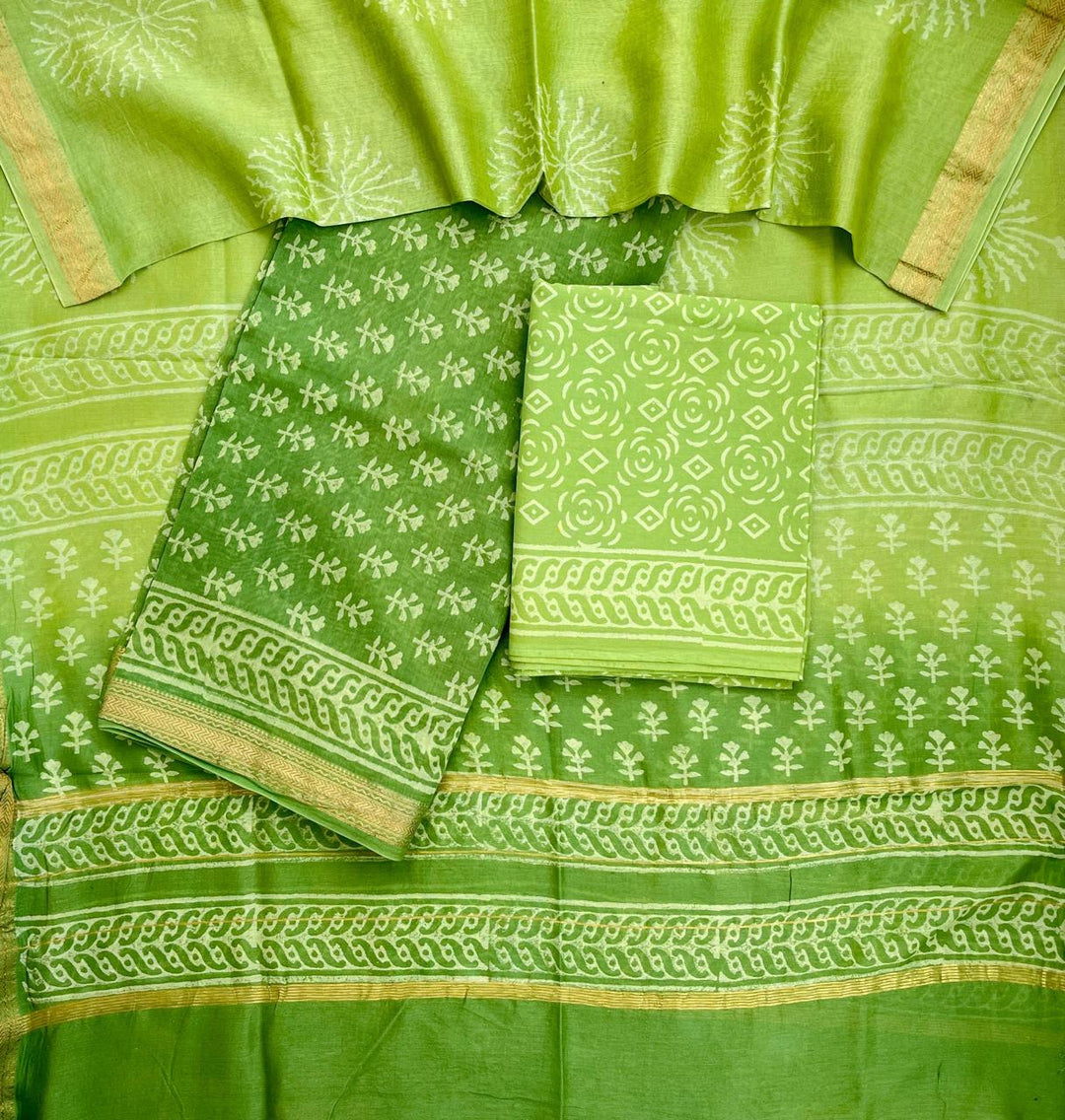 Pure Maheshwari Silk Hand block print Unstitched Suit.