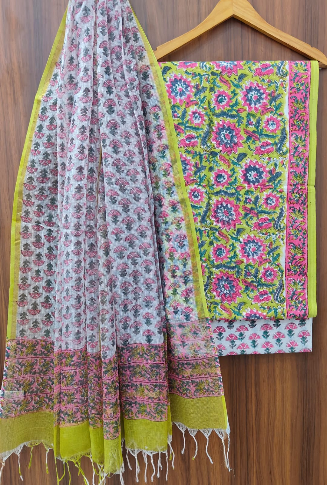 Pure Cotton Hand block print Unstitched Suit with Kota Dupatta.