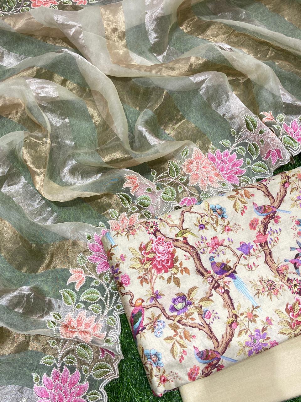 Pure Banarasi Resham Chanderi Silk Digital Print Unstitched Suit With Pure Tisshu Resham Work Dupatta.