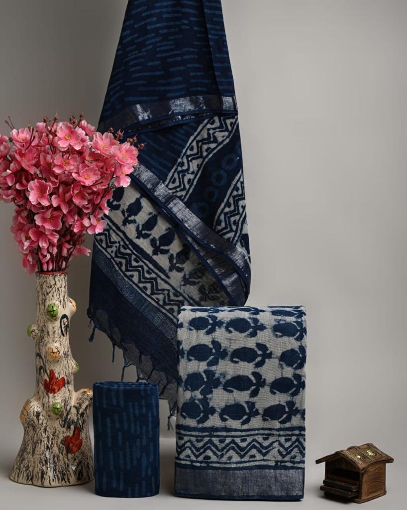 Hand Block Printed Linen Unstitched Suit .