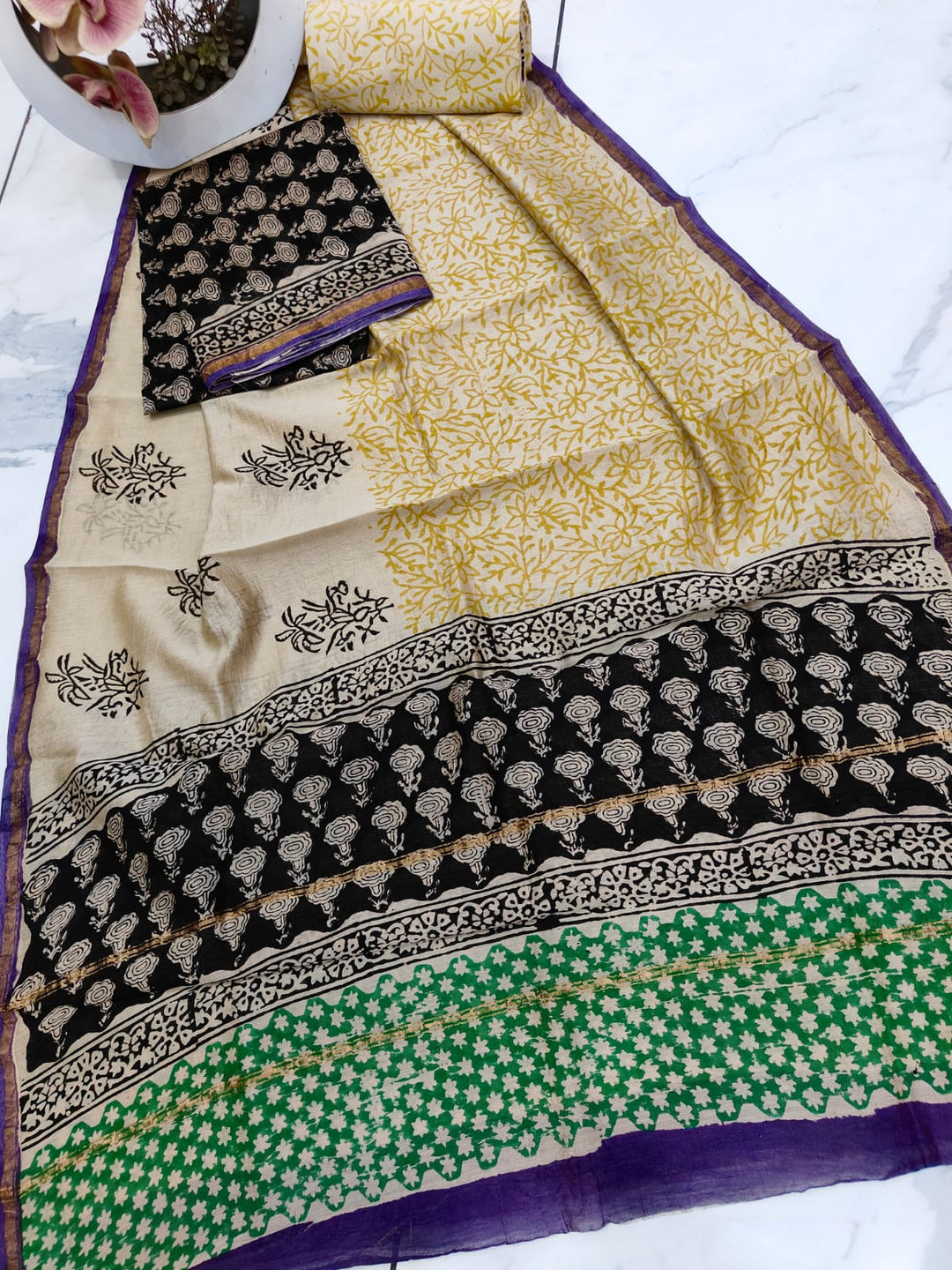 Pure Hand Block Chanderi Silk Unstitched Suit .