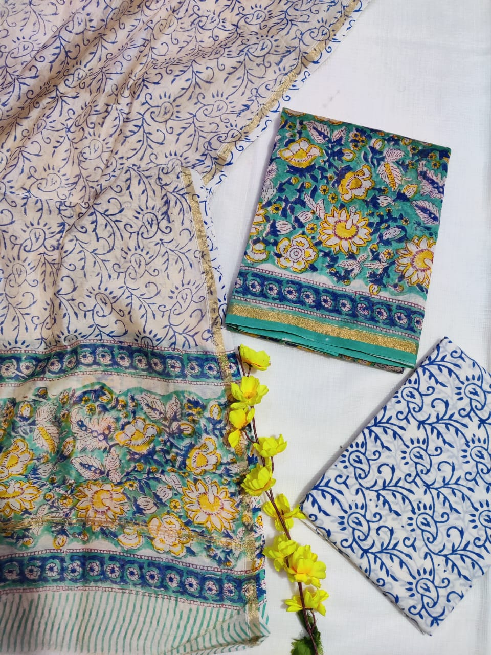 Pure Hand Block Chanderi Silk Unstitched Suit.