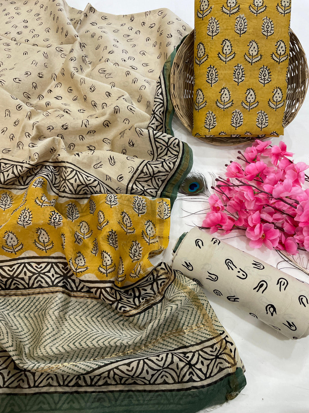 Pure Hand Block Chanderi Silk Unstitched Suit.