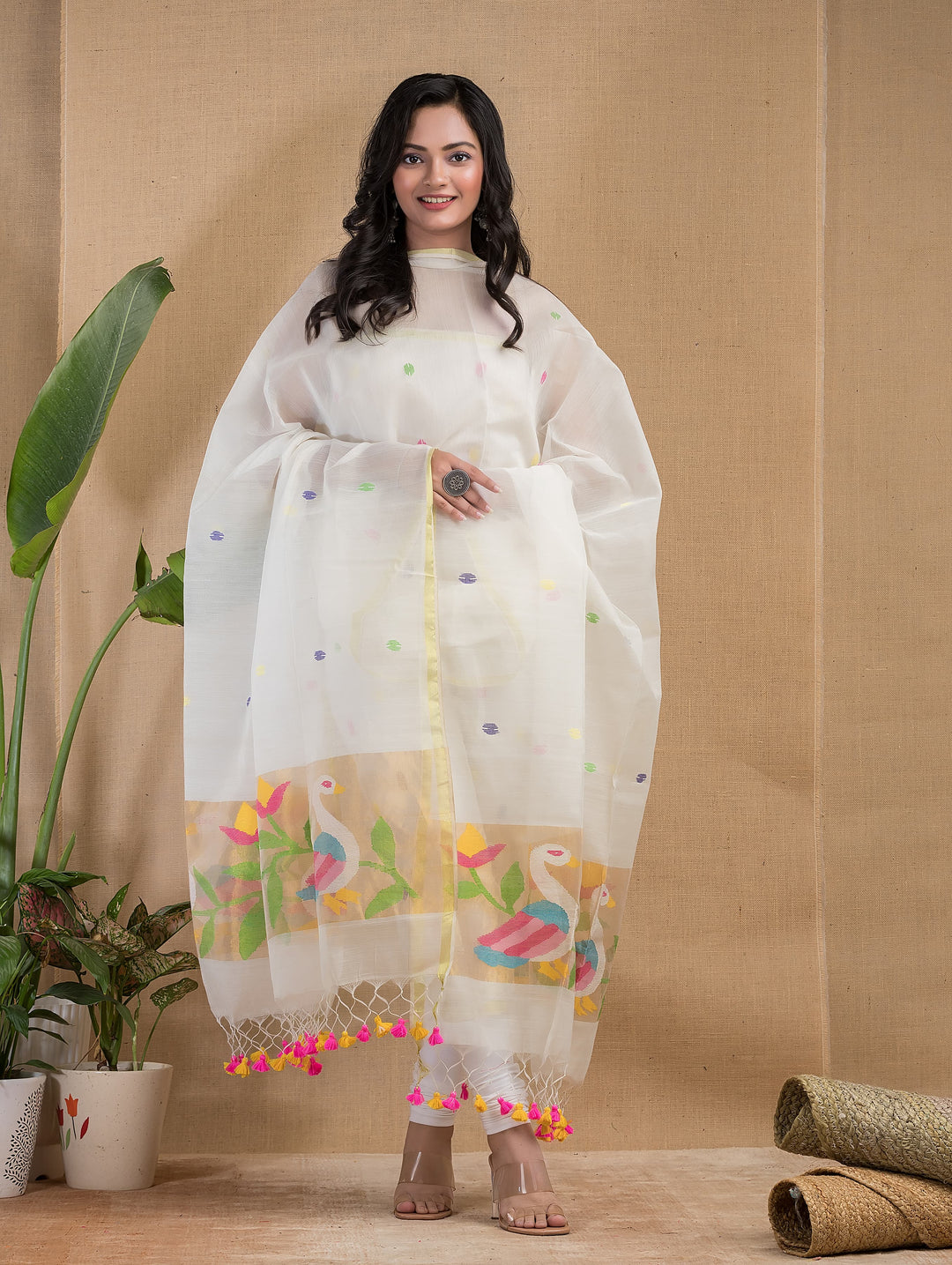 Pure Maslin silk 2PC Jamdani Handwork Unstitched Suit .