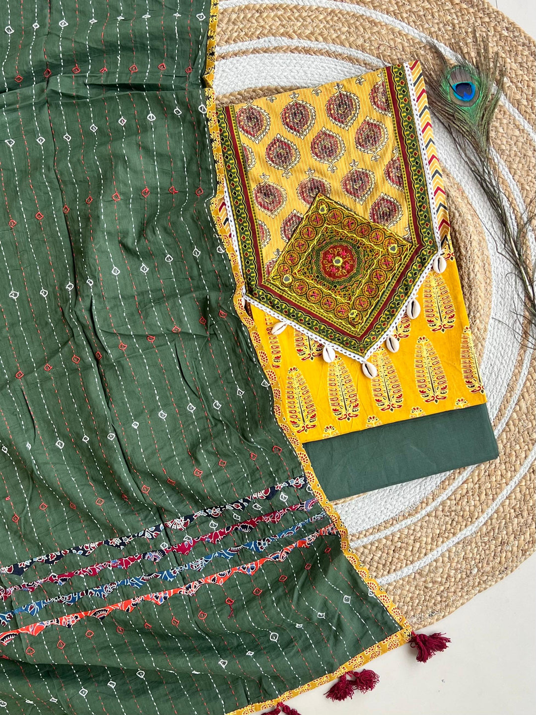 Pure Cotton Azrakh Print Unstitched suit With Patch Work Dupatta