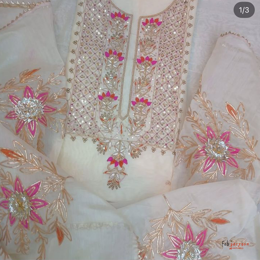 Organza Hand Work Unstitched Suit with Shantoon Bottom
