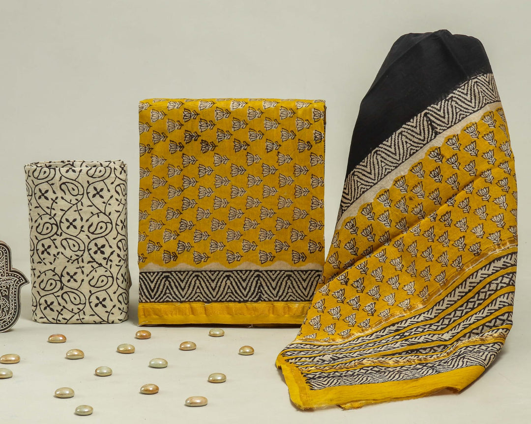 Pure Hand Block Chanderi Silk Unstitched Suit.