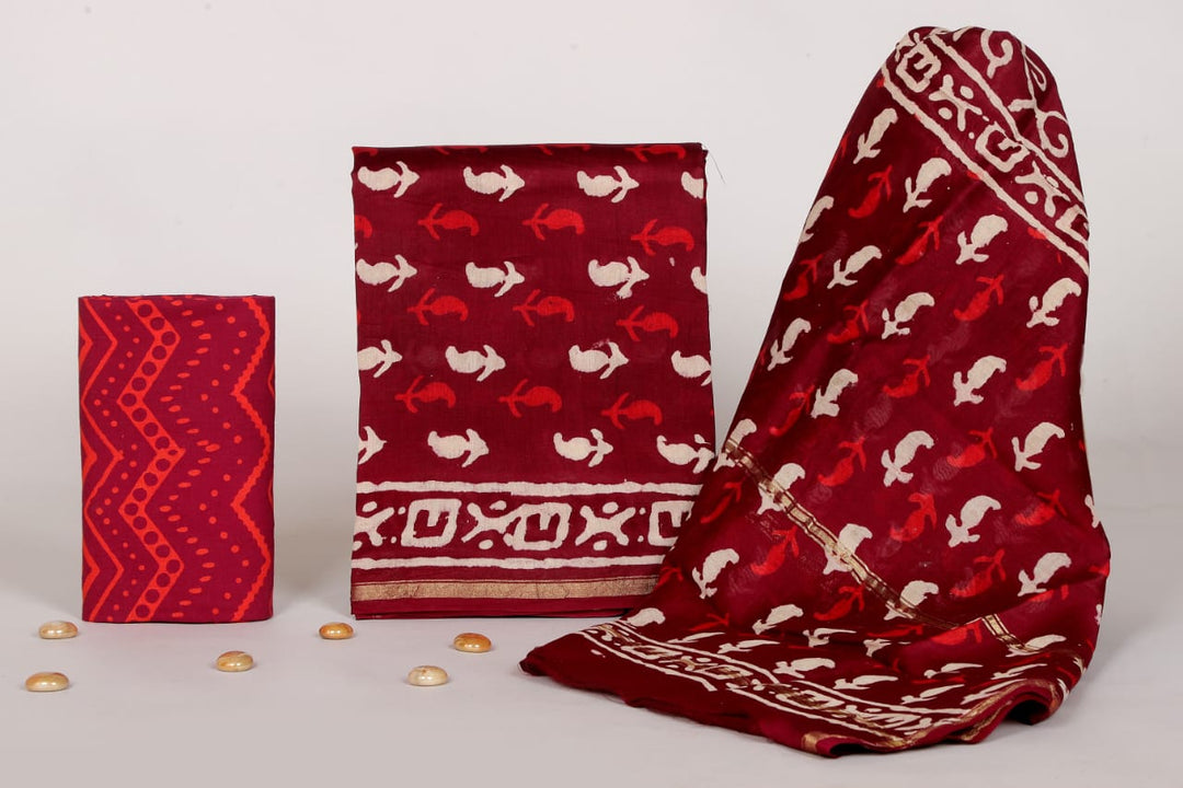 Pure Hand Block Chanderi Silk Unstitched Suit.