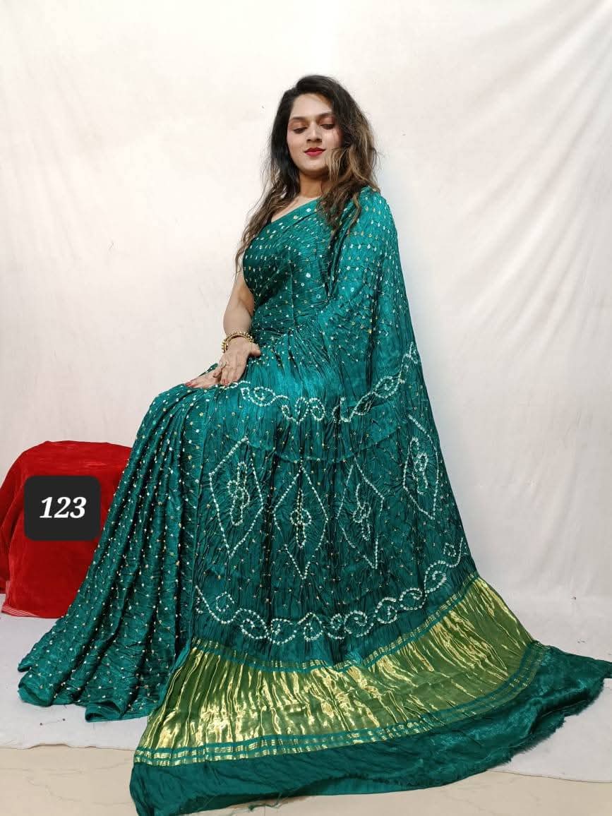 Pure Natural Dyeing Hand Block Bandhej Print Modal silk saree.