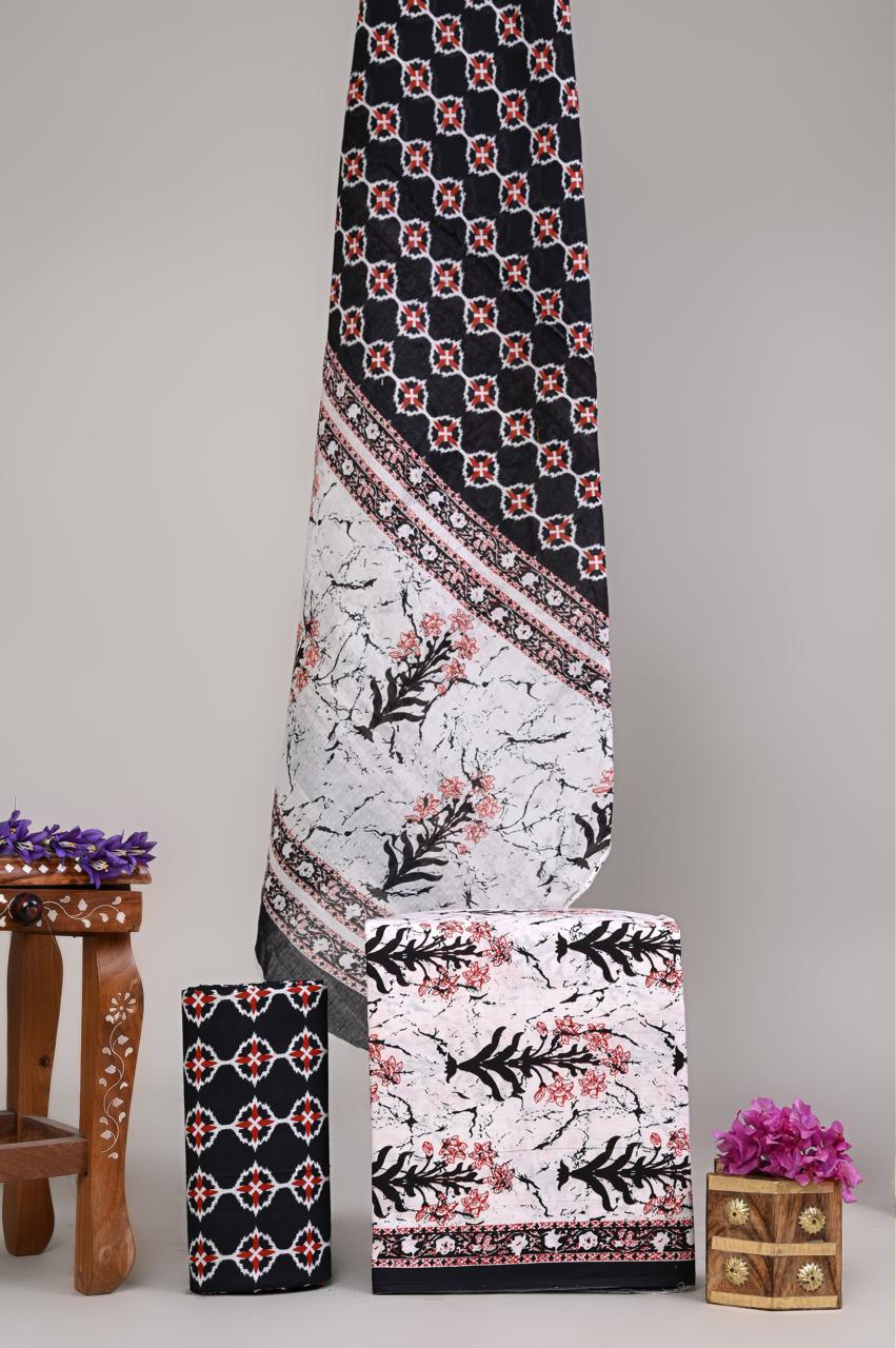Pure Cotton Hand Block Printed Unstitched Suit Set With Cotton dupatta