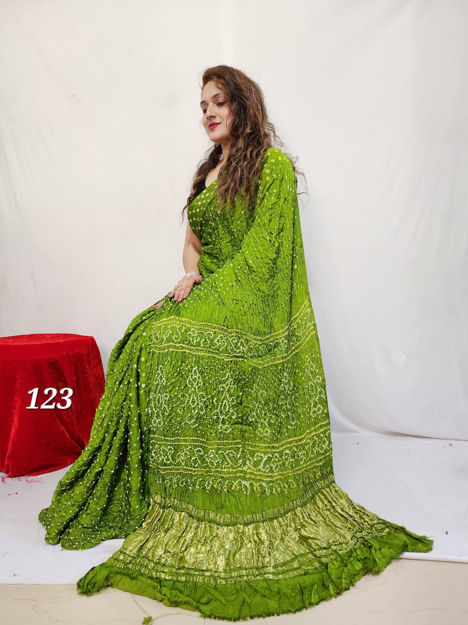 Pure Natural Dyeing Hand Block Bandhej Print Modal silk saree.