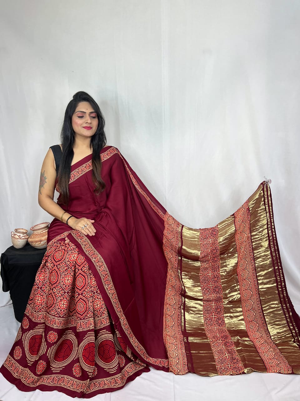 Pure Natural Dyeing Hand Block Print Modal silk saree.