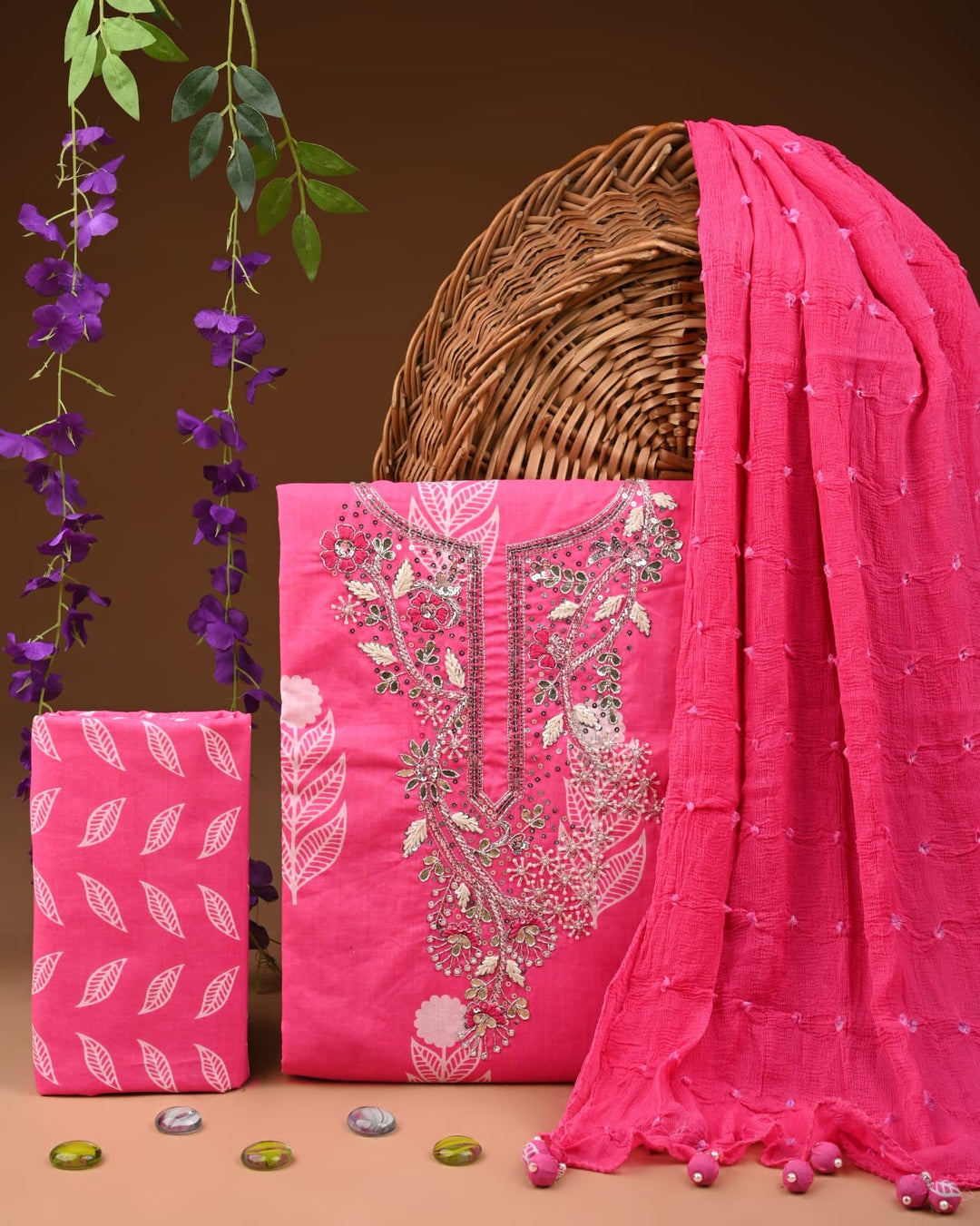 Pure Cotton Gotta patti Work unstitched Suit With Chiffon Dupatta.