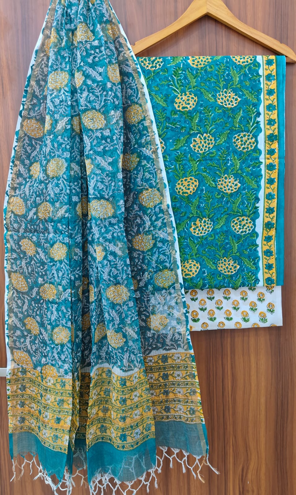 Pure Cotton Hand block print Unstitched Suit with Kota Dupatta