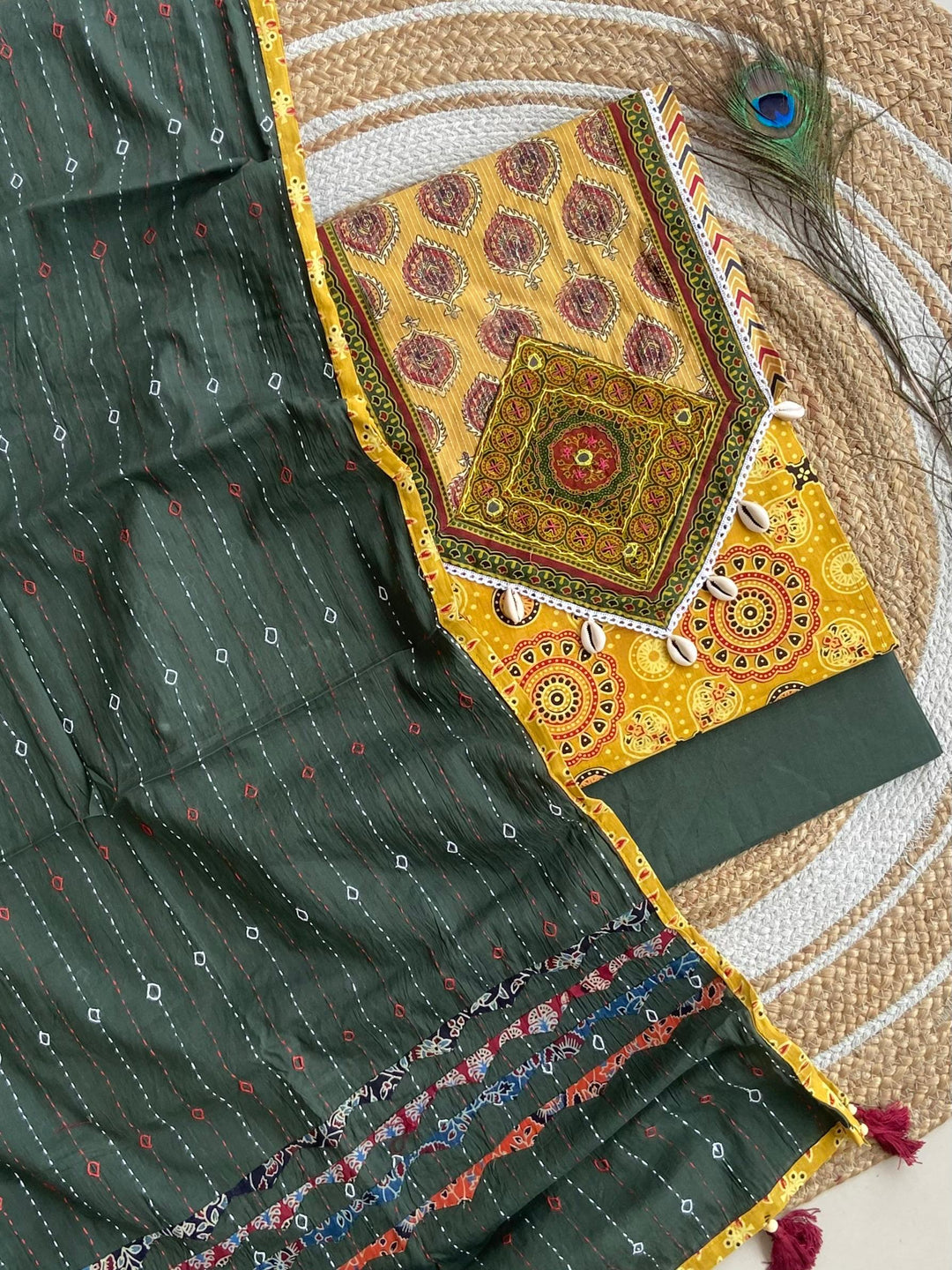Pure Cotton Azrakh Print Unstitched suit With Patch Work Dupatta