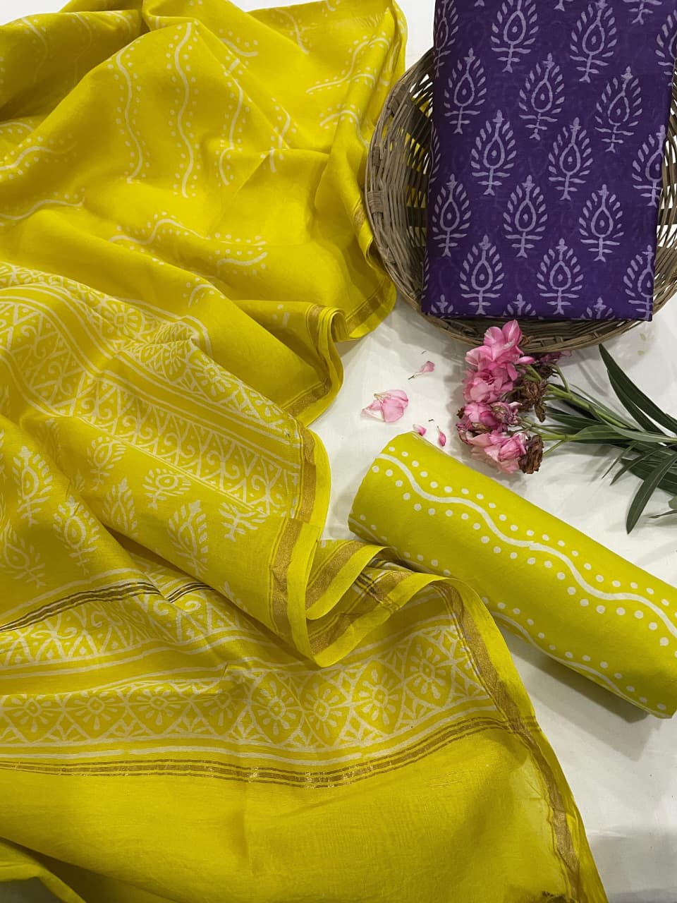 Pure Hand Block Chanderi Silk Unstitched Suit.