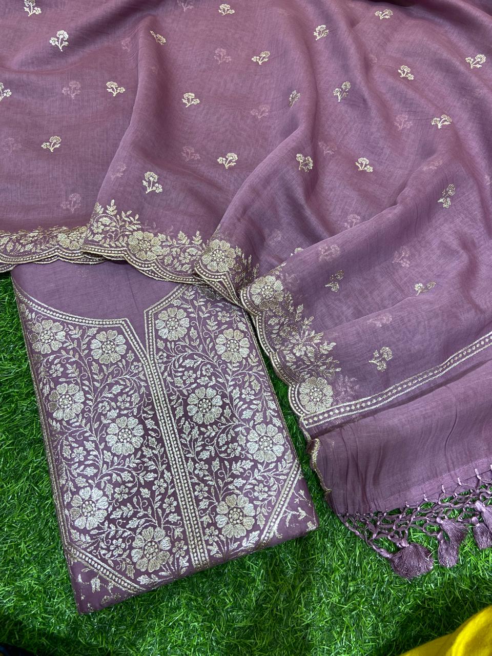 Pure Banarasi Resham Mal Chanderi Silk Zari Unstitched Suit with Beautiful Neck Embroidery.