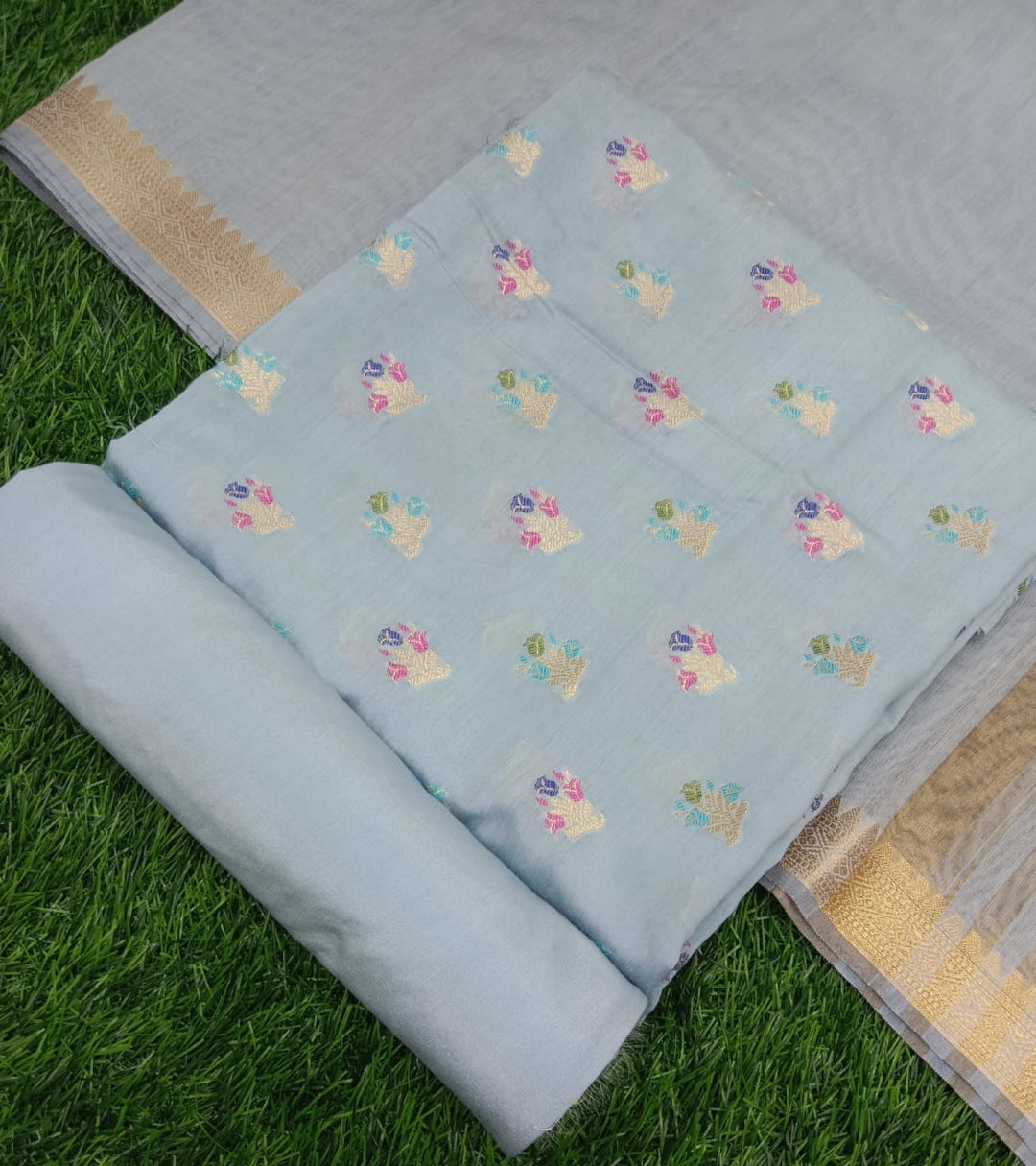 Pure Banarasi Cotton Silk Alfi Butti Work Unstitched Suit With Chanderi Zari Dupatta.