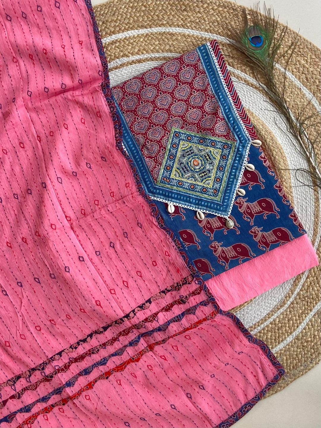 Pure Cotton Azrakh Print Unstitched suit With Patch Work Dupatta