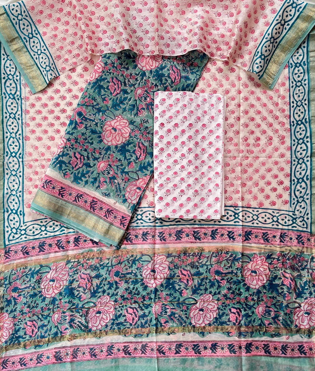 Pure Maheshwari Silk Hand block print Unstitched Suit.