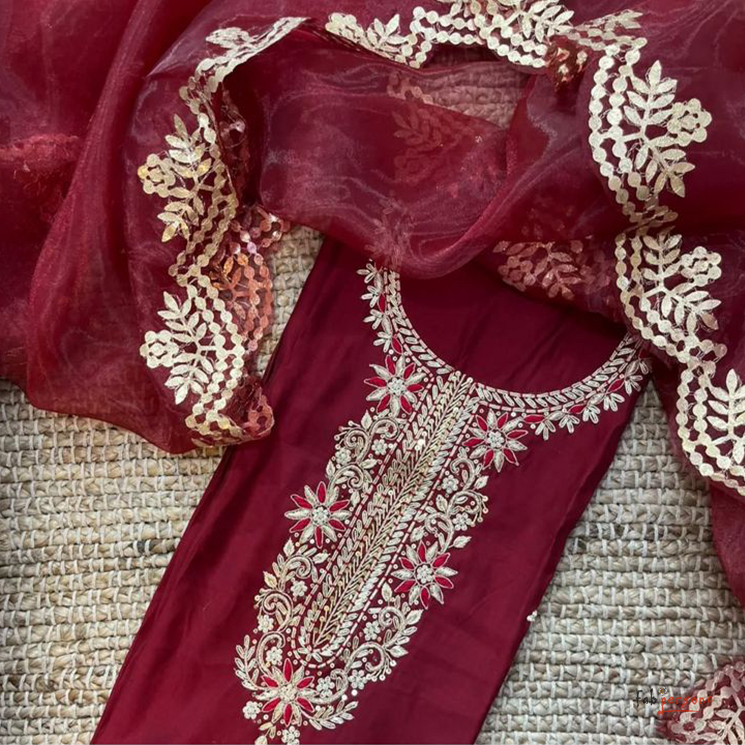 Organza Hand Work Unstitched Suit with Shantoon Bottom