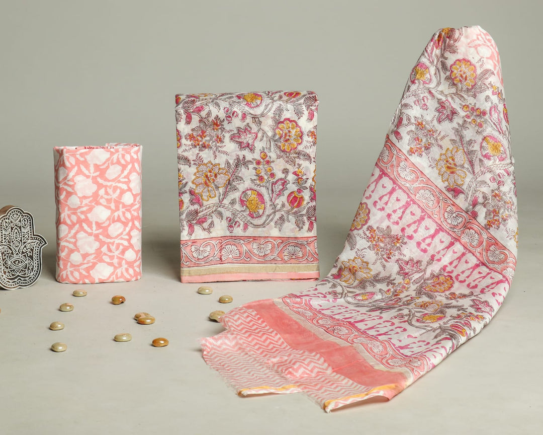 Pure Hand Block Chanderi Silk Unstitched Suit.