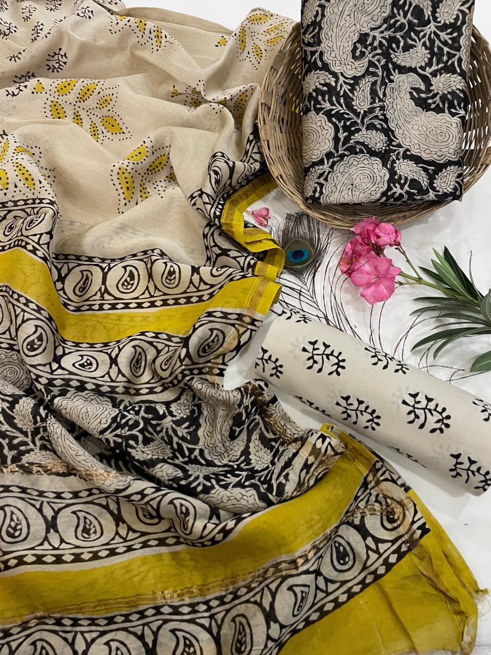 Pure Hand Block Chanderi Silk Unstitched Suit.