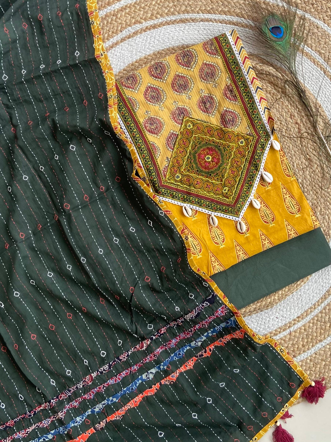 Pure Cotton Azrakh Print Unstitched suit With Patch Work Dupatta