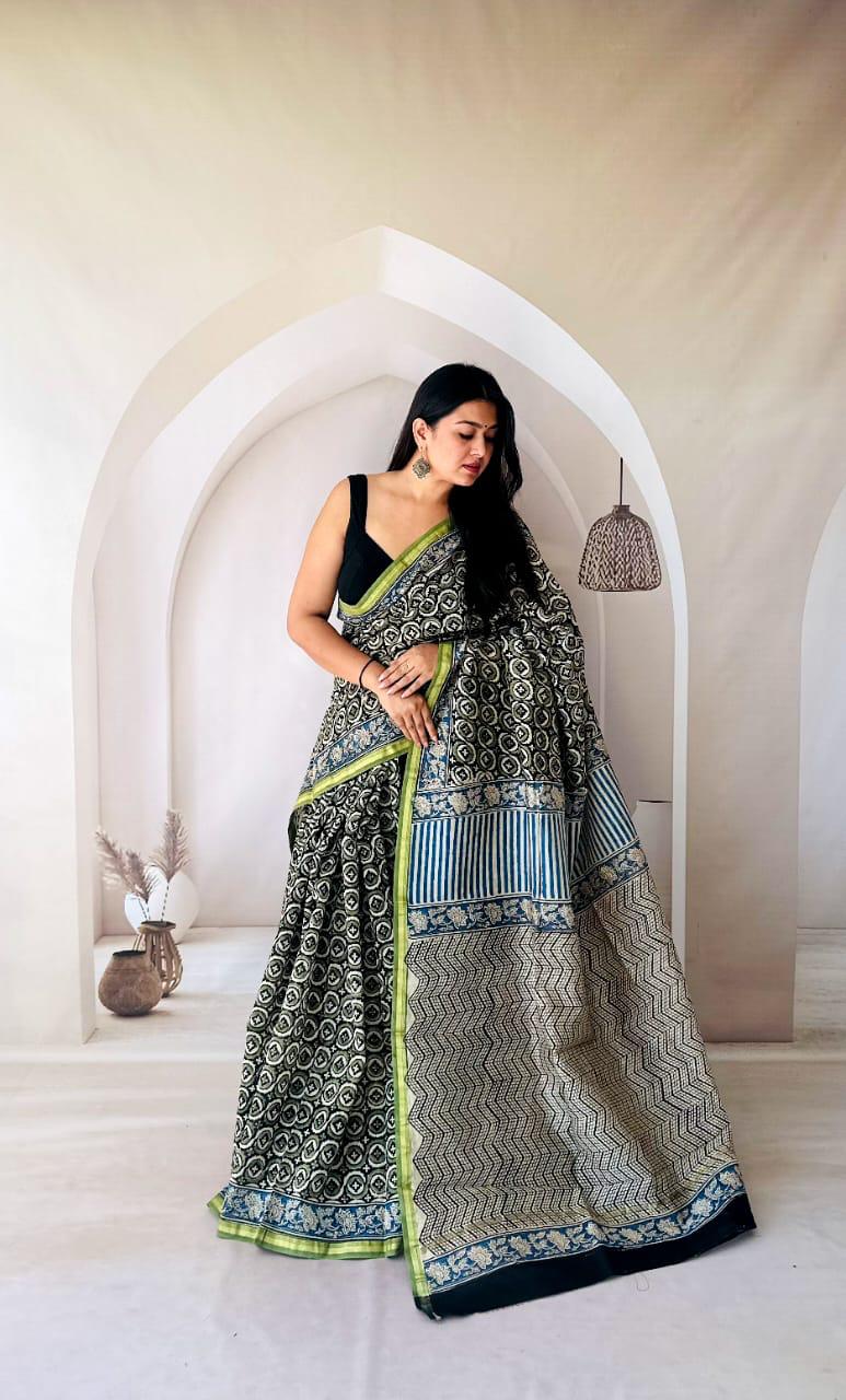 Hand Block Prninted Chanderi Saree .