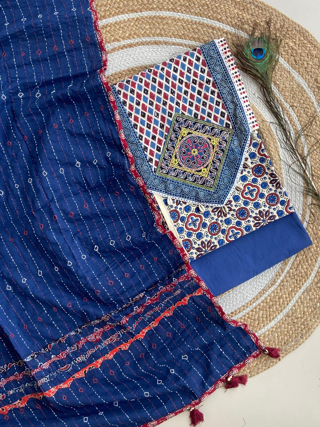 Pure Cotton Azrakh Print Unstitched suit With Patch Work Dupatta