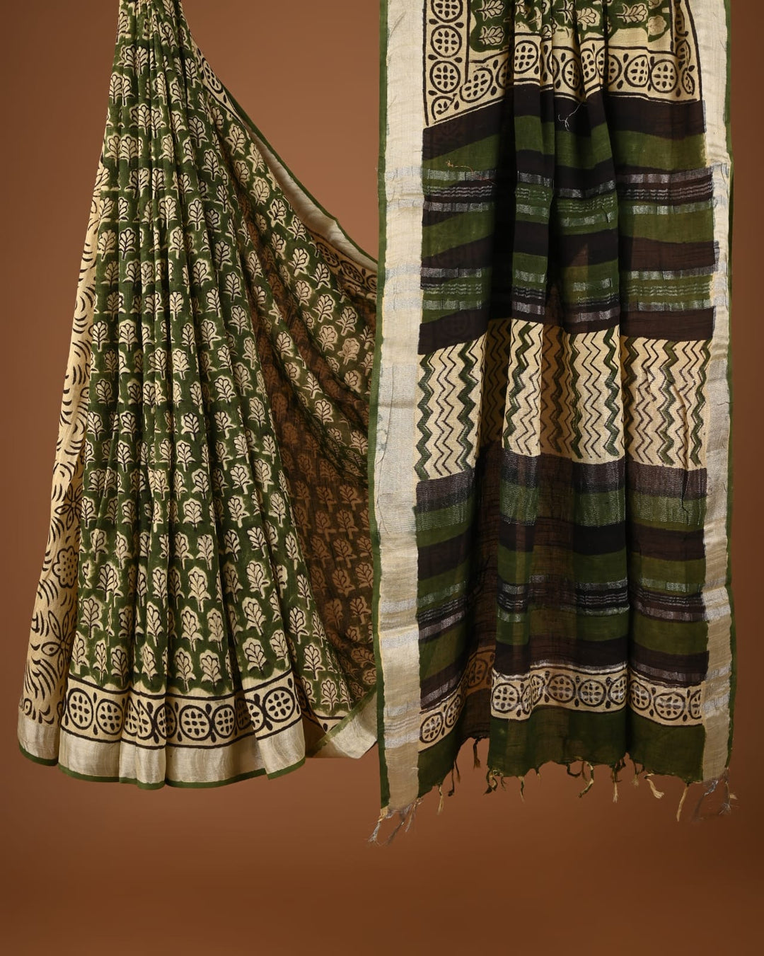 Hand Block Print Linen Saree with Blouse .