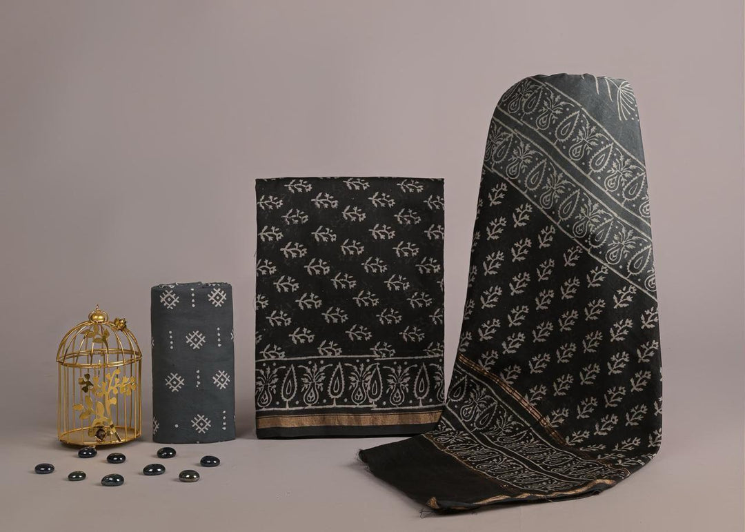 Pure Hand Block Chanderi Silk Unstitched Suit.