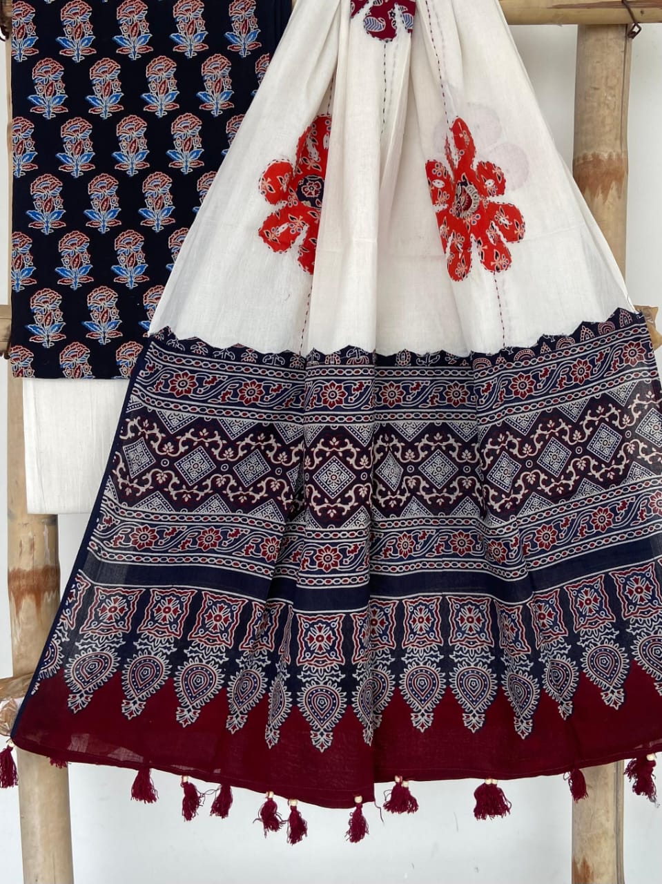 Pure Cotton Azrakh Print Unstitched suit with Patch Work Dupatta