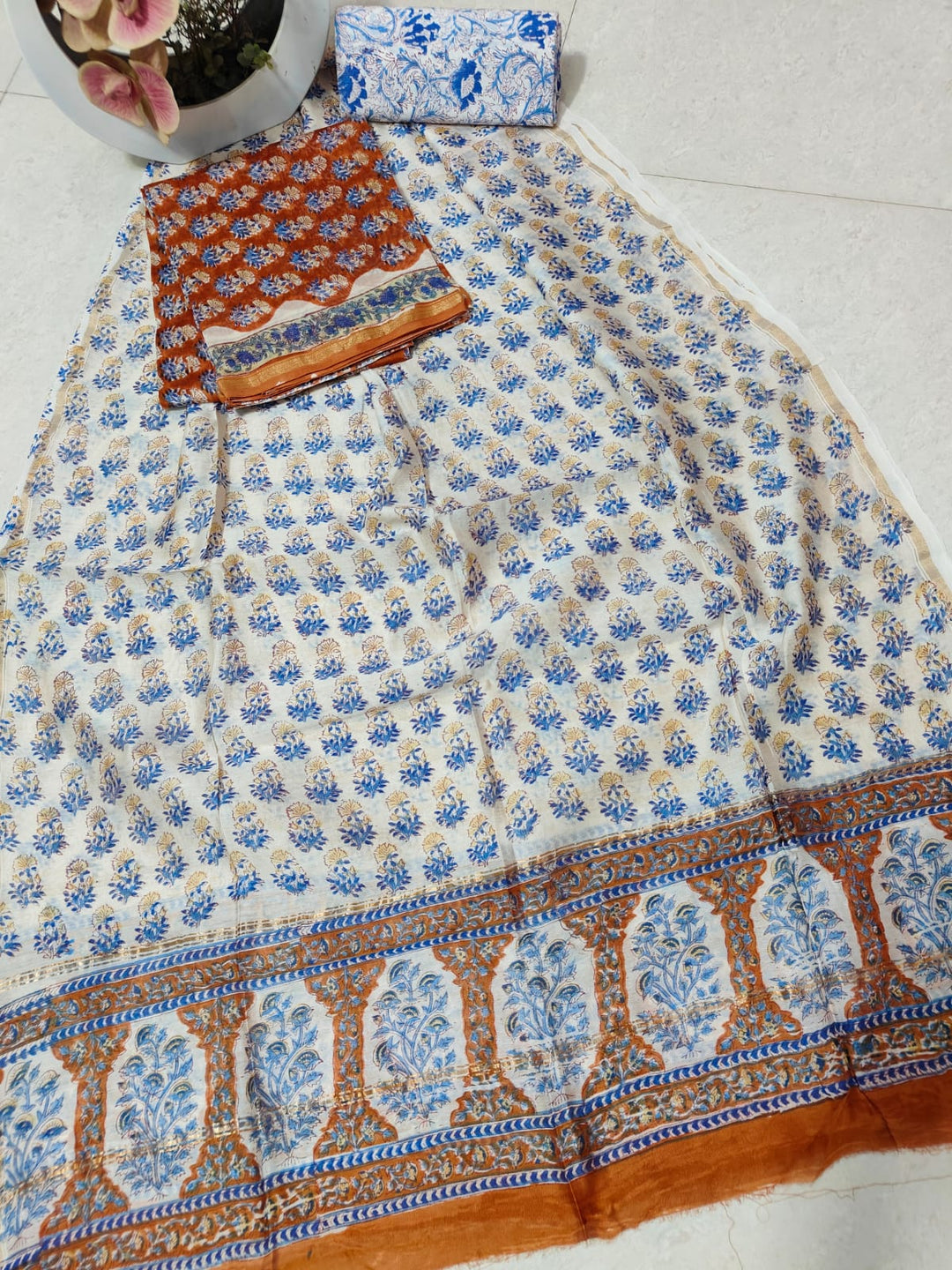 Pure Hand Block Chanderi Silk Unstitched Suit .