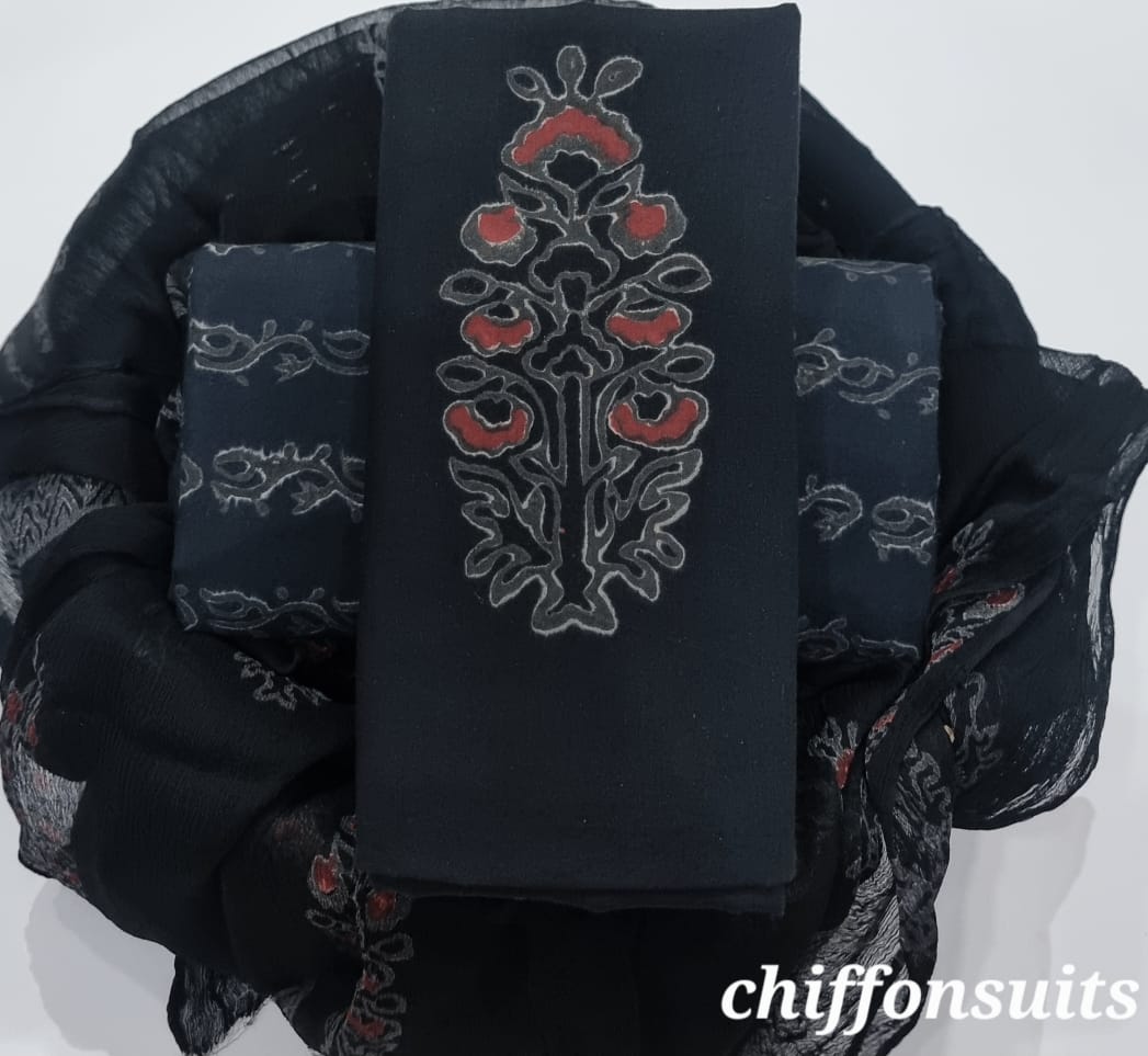 Pure Cotton Hand Block Print Unstitched Suit with chiffon dupatta .