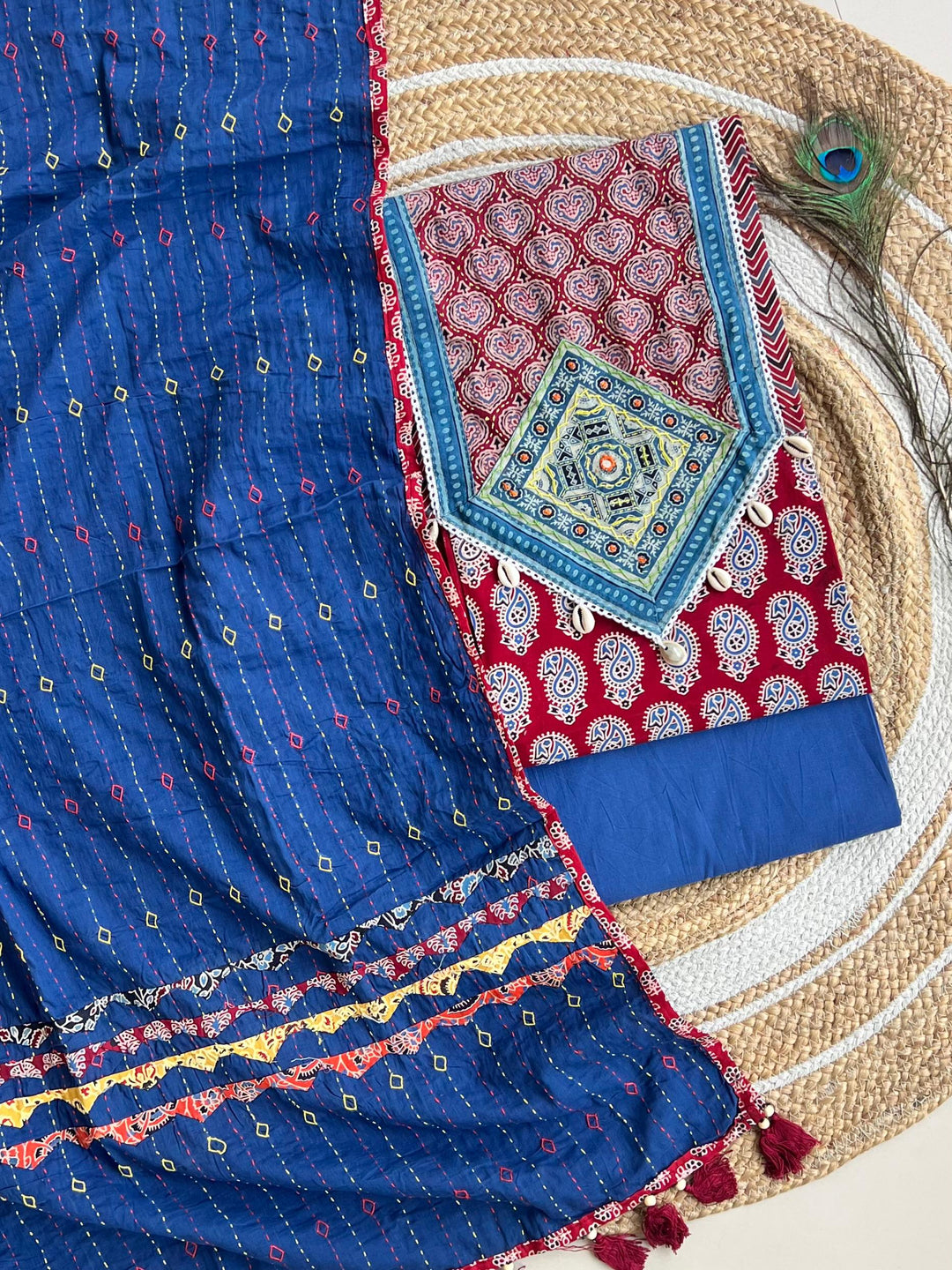 Pure Cotton Azrakh Print Unstitched suit With Patch Work Dupatta